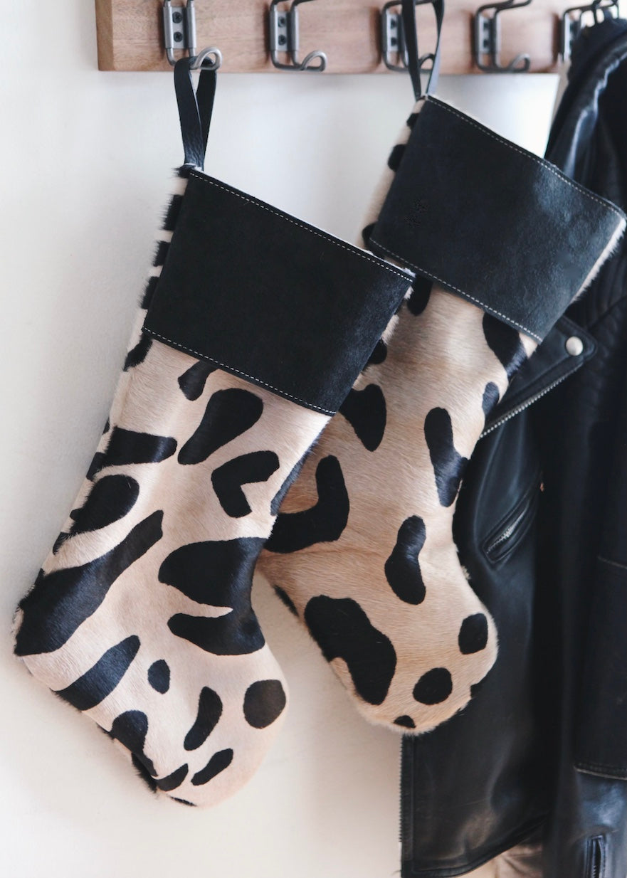 hair on hide stocking set of two, oversized leopard