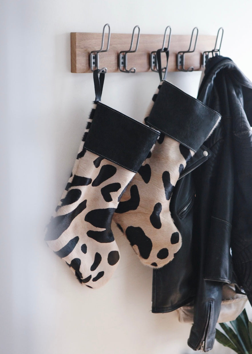 hair on hide stocking set of two, oversized leopard