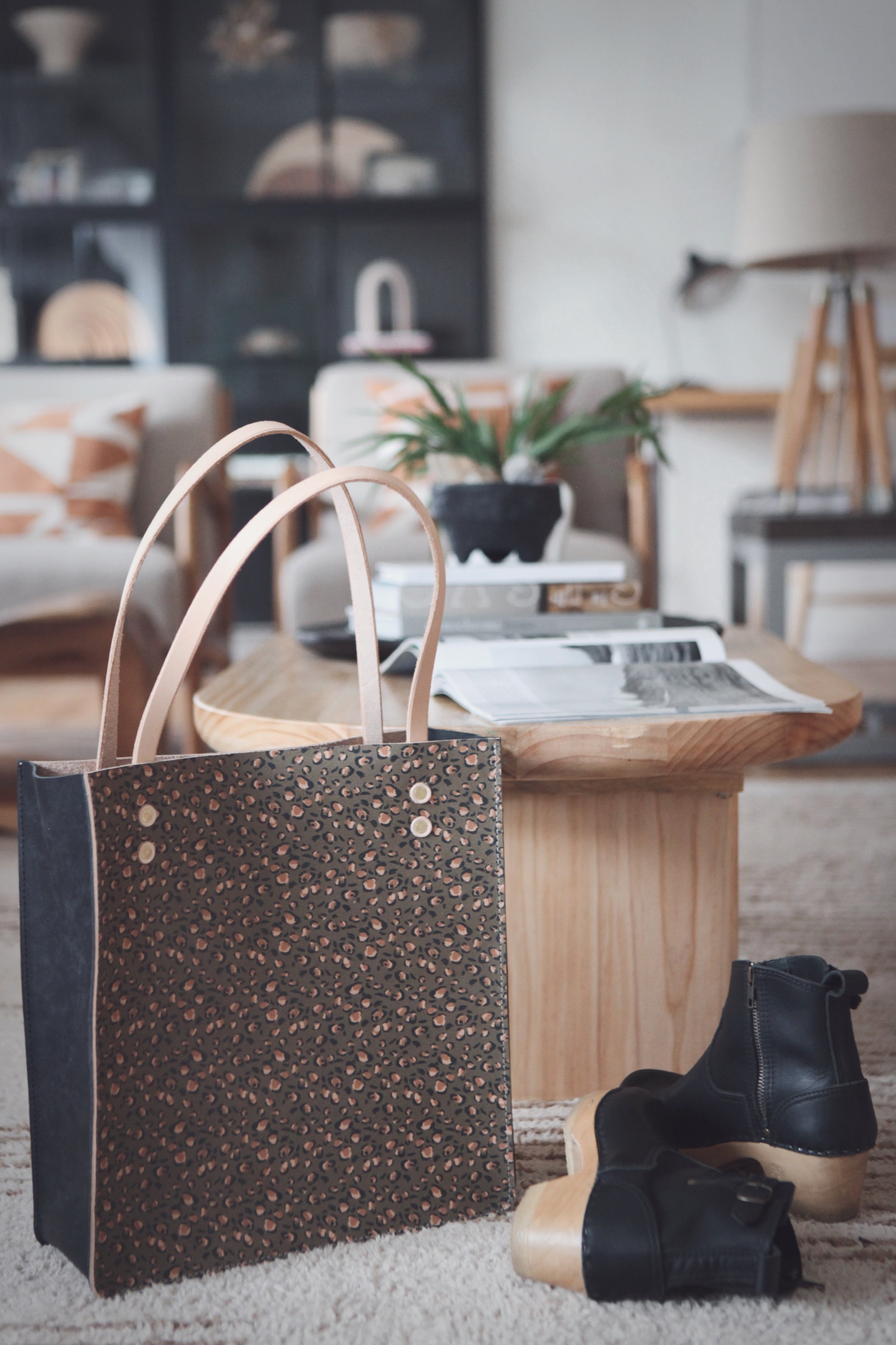 the original tote, oversized leopard black + tan hide – Remnant